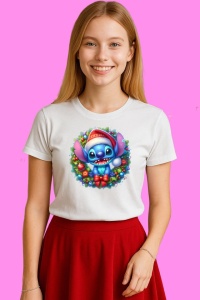 Tricou Stitch In Coronita Vesela De Craciun, din bumbac 100%, tricou alb, Copii | Dama | Barbat - Img 3
