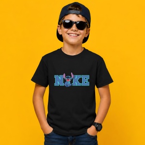 Tricou Stitch Logo Albastru Stil Desen Animat, din bumbac 100%, tricou negru, Copii | Dama | Barbat
