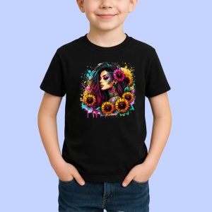 Tricou Sunflower cascade tattoo girl, fata cu cascada de floarea soarelui si tatuaje, Copii | Dama | Barbat , tricou negru - Img 2