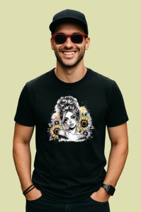 Tricou Sunflower shoulder girl sketch style, fata cu floarea soarelui pe umar stil schita, Copii | Dama | Barbat , tricou negru - Img 4
