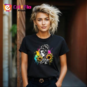 Tricou Sunflower tattoo black background girl, fata tatuata cu floarea soarelui pe fundal negru, Copii | Dama | Barbat , tricou negru - Img 8