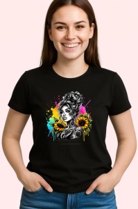 Tricou Sunflower tattoo sketch bun girl, fata coc cu schita si tatuaj floarea soarelui, Copii | Dama | Barbat , tricou negru - Img 3