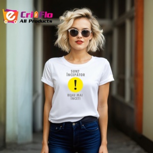 Tricou Sunt Incepator Beau Mai Incet Semn Exclamare Galben, din bumbac 100% , tricou alb pentru Dama | Barbat - Img 4