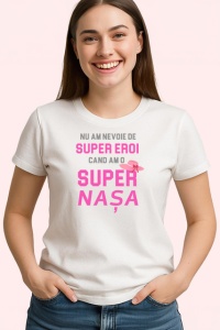 Tricou Super Eroi Super Nasa Text Roz Negru, din bumbac 100% , tricou alb pentru Dama - Img 2