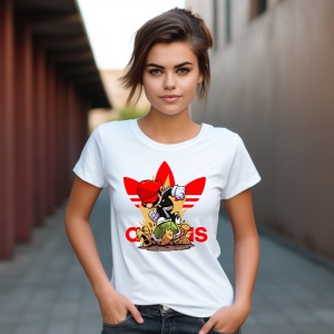 Tânără cu păr șaten scurt, îmbrăcată într-un tricou alb cu un design grafic vibrant ce înfățișează un personaj animat sportiv suprapus peste un logo roșu iconic, pe fundalul unui coridor exterior urban. Tricoul transmite un stil relaxat și sportiv.