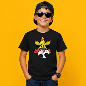Tricou Sylvester Motanul Logo Galben Rosu Urban Cartoon Art, din bumbac 100%, tricou negru, Copii | Dama | Barbat - Img 3
