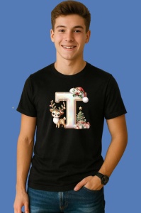 Tricou T Litere Craciun Cu Ren, Brad, Luminite Si Cadouri, din bumbac 100% Copii | Dama | Barbat