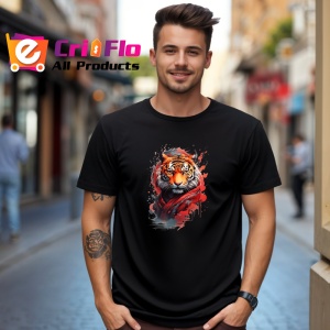 Tricou Tigru pop art cu fundal negru si flacari rosii Copii | Dama | Barbat, culoare negru