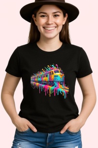 Tricou Tren in miscare cu vopsea curcubeu si splash Copii | Dama | Barbat, culoare negru