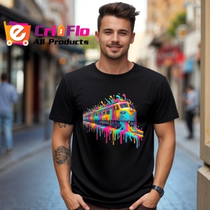 Tricou Tren in miscare cu vopsea curcubeu si splash Copii | Dama | Barbat, culoare negru - Img 5