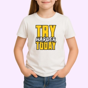 Tricou Try Harder Today Text Galben 3D V2, din bumbac 100% , tricou alb pentru Copii | Dama | Barbat - Img 2