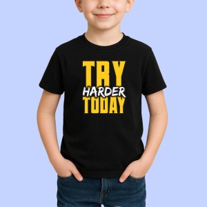 Tricou Try Harder Today Text Galben 3D V2, din bumbac 100%, tricou negru Copii | Dama | Barbat