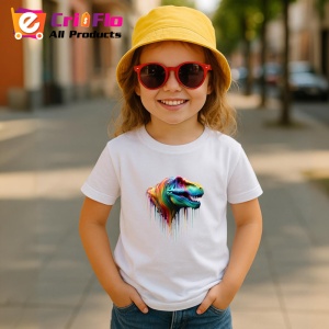 Tricou Tyrannosaurus rex in culori curcubeu fundal alb Copii | Dama | Barbat