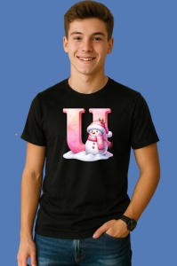 Tricou U Litera Craciun Roz Cu Om De Zapada Fulgi De Zapada, din bumbac 100% Copii | Dama | Barbat