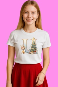 Tricou U Litere Craciun Cu Ren, Brad, Luminite Si Cadouri, din bumbac 100% Copii | Dama | Barbat - Img 3
