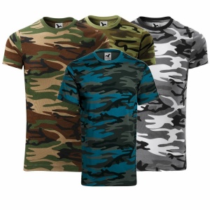 Imagine de prezentare pentru tricou unisex camuflaj si cele 4 nuante disponibile camuflaj petrol, camuflaj maro, camuflaj verde, camuflaj gri