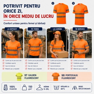 Tricou Unisex Damă și Bărbat Rimeck HV Dry, Vizibilitate Ridicată, Benzi Reflectorizante Segmentate, 100% Poliester, 150 g/m - Img 7