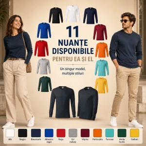 Tricou Unisex Damă și Bărbat Rimeck Resist LS R05, Mânecă Lungă, 100% Bumbac, 160 g/m², S–3XL