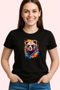 Tricou Urs Cu Ochelari De Soare Stil Graffiti Colorat, din bumbac 100%, tricou negru Copii | Dama | Barbat - Img 3
