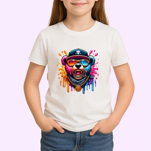 Tricou Urs cu sapca si lant stil hip hop fundal alb Copii | Dama | Barbat - Img 4