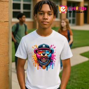 Tricou Urs cu sapca si lant stil hip hop fundal alb Copii | Dama | Barbat - Img 5