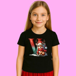 Tricou V Litera Craciun Cu Ren Si Fulgi, din bumbac 100% Copii | Dama | Barbat - Img 2