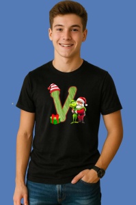 Tricou V Litere Craciun Cu Mos Si Spiridus Verde, din bumbac 100% Copii | Dama | Barbat