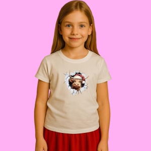 Tricou Vaca Highland Cu Fundal Negru Si Caciula Mosului Craciun, din bumbac 100% Copii | Dama | Barbat - Img 2