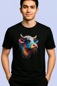 Tricou Vaca multicolora ferma reinterpretata in stil modern Copii | Dama | Barbat, culoare negru - Img 2
