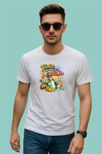 Tricou Viata Incepe La 70 Ani Barbat La Plaja V2, din bumbac 100% , tricou alb pentru Dama | Barbat - Img 2