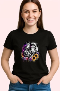 Tricou Woman and lion wild love, femeie si leu dragoste salbatica, Copii | Dama | Barbat , tricou negru - Img 3