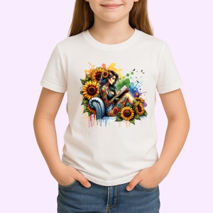 Tricou woman sitting with sunflowers, femeie asezata cu floarea soarelui, Copii | Dama | Barbat