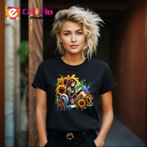 Tricou Woman sitting with sunflowers, femeie asezata cu floarea soarelui, Copii | Dama | Barbat , tricou negru