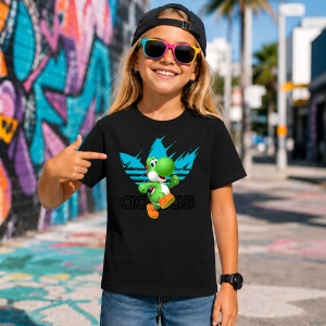 Tricou Yoshi Dinozaurul Logo Albastru Splash Urban Gaming Art, din bumbac 100%, tricou negru, Copii | Dama | Barbat - Img 7