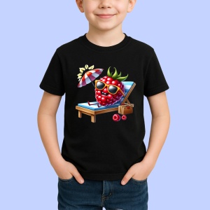 Tricou Zmeura amuzanta de vara la plaja, Fructe, Copii | Dama, culoare negru