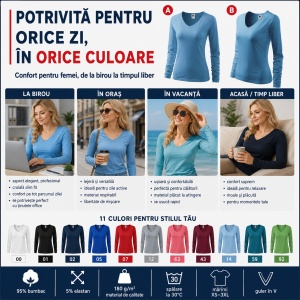 Bluză Damă Malfini Elegance 127 cu Mânecă Lungă și Guler V, 95% Bumbac – XS–3XL - Img 4
