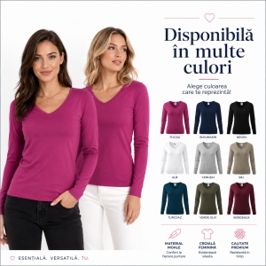 Bluză damă simplă cu guler in V din bumabac 95%