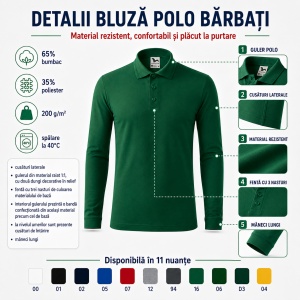 Bluză polo bărbați Malfini Pique Polo LS 221, mânecă lungă, 65% bumbac, 200 g/m² - Img 5