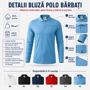 Bluză polo bărbați Malfini Single J. LS 211, mânecă lungă, 100% bumbac - Img 3