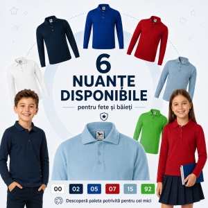 Bluză Polo Copii Malfini cu Mânecă Lungă, 65% Bumbac, Unisex Fete și Băieți, 6–12 Ani, 6 Culori - Img 9