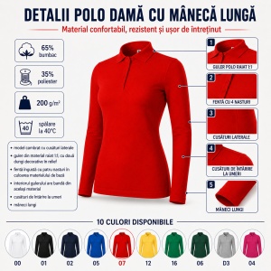 Bluză Polo Damă cu Mânecă Lungă Malfini, Croială Cambrată, Guler Polo Raiat, 4 Nasturi, 10 Culori, Mărimi XS–2XL - Img 2