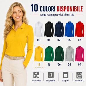 Bluză Polo Damă cu Mânecă Lungă, Slim Fit, Cambrată, Guler Pique Polo, 10 Culori, XS–2XL