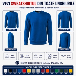 Bluză tip hanorac bărbătească fără glugă, din bumbac, 300 g/m², 14 culori - Img 3