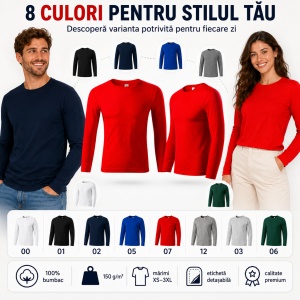 Bluză Tricou Unisex cu Mânecă Lungă Progress LS, 100% Bumbac, 150 g/m², Mărimi XS–3XL
