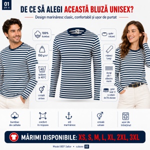 Bluză unisex damă și bărbat Malfini 807 Sailor, tip marinăresc, mânecă lungă, 100% bumbac, 150 g/m² - Img 2