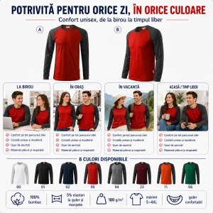 Bluză Unisex Damă și Bărbat Rimeck 130 Street LS, Bicoloră, Mâneci Lungi Raglan, 100% Bumbac, 180 g/m², S–4XL - Img 6
