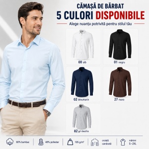 Cămașă bărbați cu mânecă lungă Malfini Premium 262 Dynamic, croială cambrată, guler clasic, 60% bumbac și 40% poliester