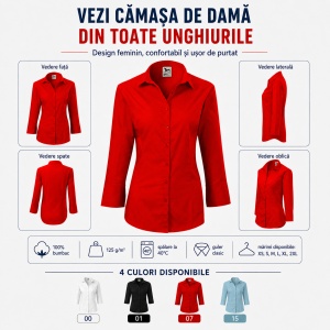 Cămașă Damă Malfini 218 Style, Mâneci 3/4, Croială Cambrată, 100% Bumbac, 125 g/m² - Img 3