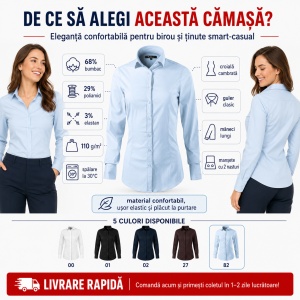 Cămașă Damă Malfini 263 Dynamic, Mânecă Lungă, Croială Cambrată, 68% Bumbac, 29% Poliamidă, 3% Elastan - Img 2