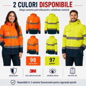Geacă Unisex Bărbat Damă tip Jachetă și Vestă de Lucru 4 în 1, Reflectorizantă și Impermeabilă – HV Guard
